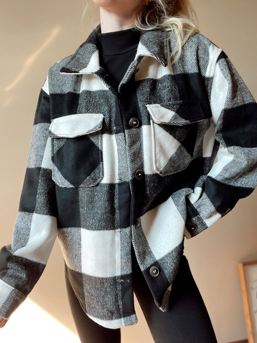 Black + White Plaid Flannel Button Down Jacket