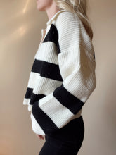 Load image into Gallery viewer, Ivory + Black Dropped Shoulder Striped Sweater with Collar
