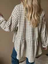 Load image into Gallery viewer, Ivory Mocha Plaid Peplum Button Up Shirt
