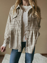 Load image into Gallery viewer, Ivory Mocha Plaid Peplum Button Up Shirt
