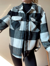 Load image into Gallery viewer, Black + White Plaid Flannel Button Down Jacket
