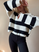 Load image into Gallery viewer, Ivory + Black Dropped Shoulder Striped Sweater with Collar
