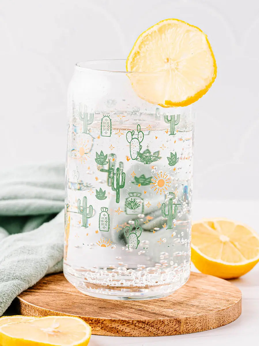 Prickly Cactus Glass Latte Can With Bamboo Lid + Glass Straw